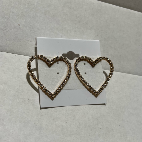 Gold Heart Rhinestone Stud Earrings - Picture 2 of 5
